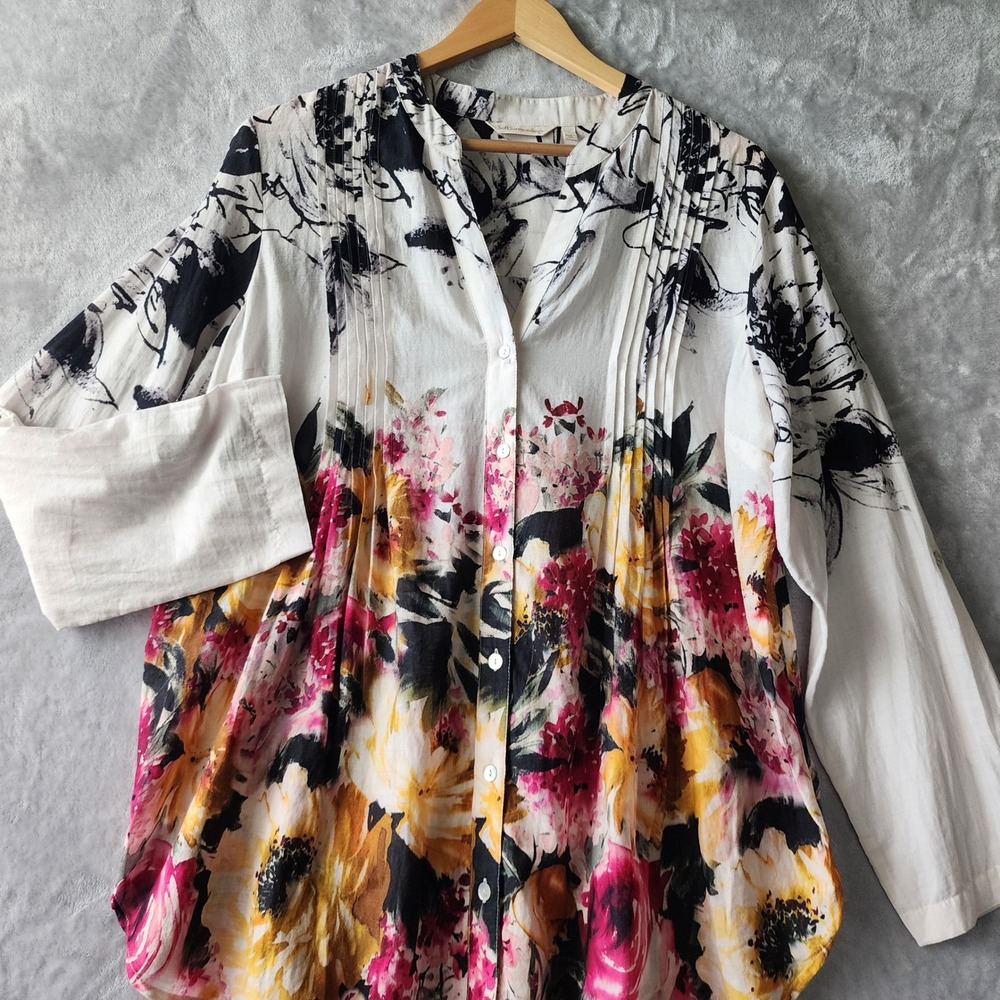 Soft Surroundings Shirt Womens Large Pintuck Watercolor Floral Button Up Blouse